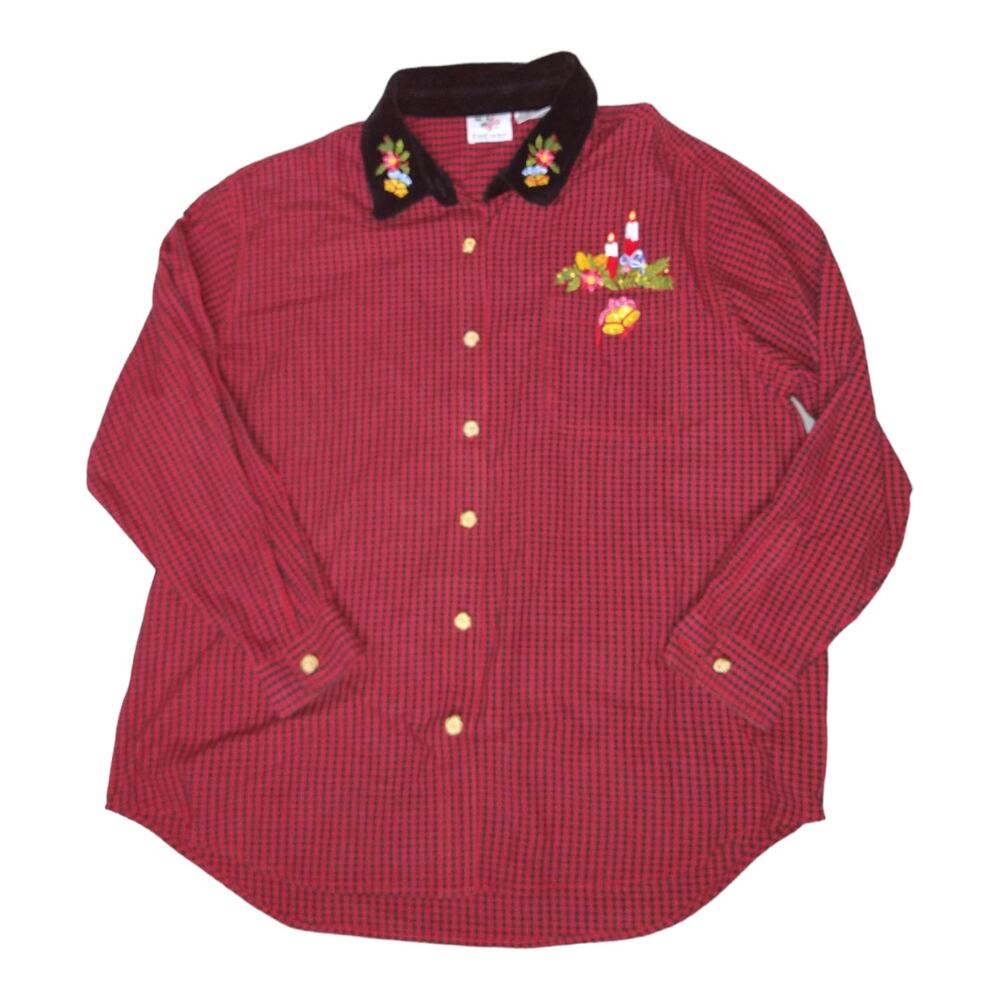 Vintage 90s Nutcracker Christmas Plaid Shirt Velvet Collar Embroidered XL